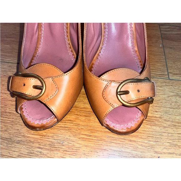 Authentic YSL Saint Lauren brown leather peep toe heels size 38.5 (us 7.5) - Picture 1 of 6